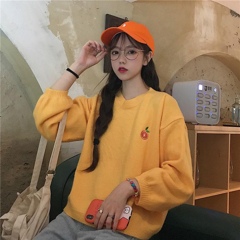 Sweater Girl Student Korean Loose Winter and Autumn Fruit Embroidery Pullover Sweater Female Candy Color Sweater