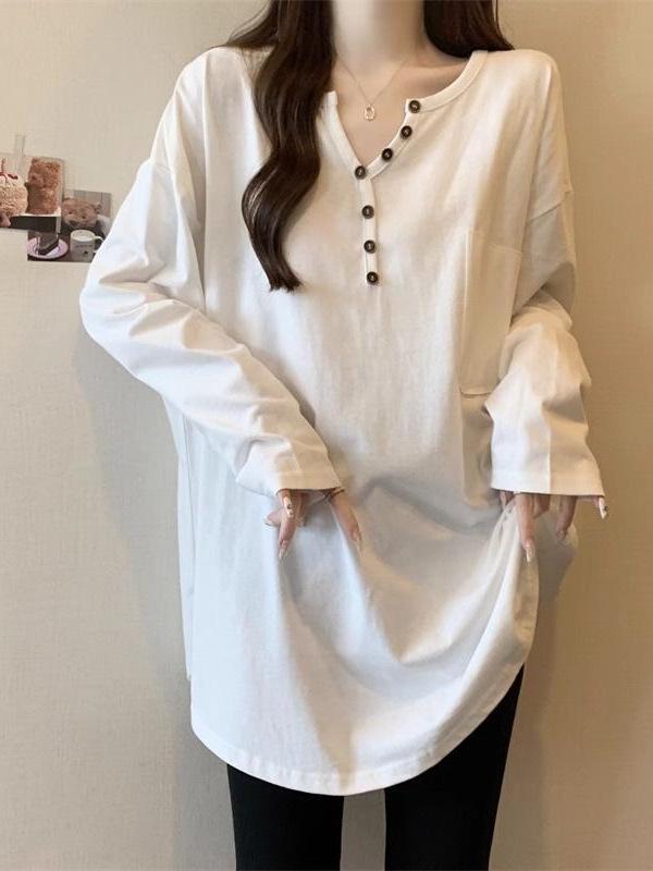 2026 Spring White Cotton Slimming Long-Sleeve Top with Half-Button Collar