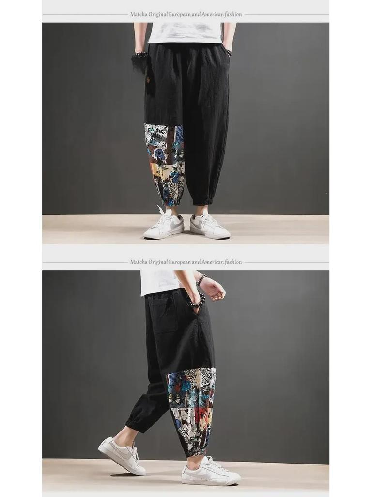 Pánské volné lněné kalhoty v čínském stylu - letní trendy, plus size, devítibodová délka