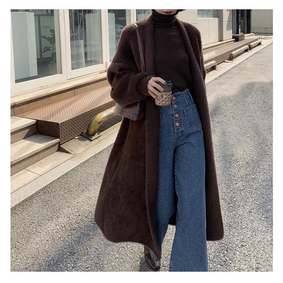 Autumn Loose Over-Knee Long Sleeve Thick Velvet Knit Cardigan Sweater for Women