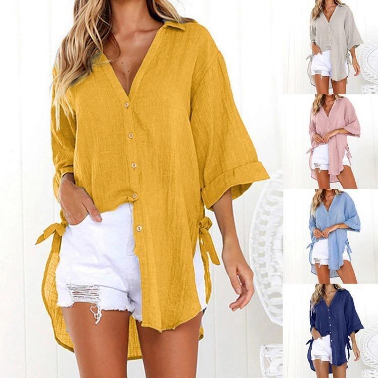 Loose Long Sleeve Casual Shirt for Women Side Lace Up Button Lapel Knotted Top