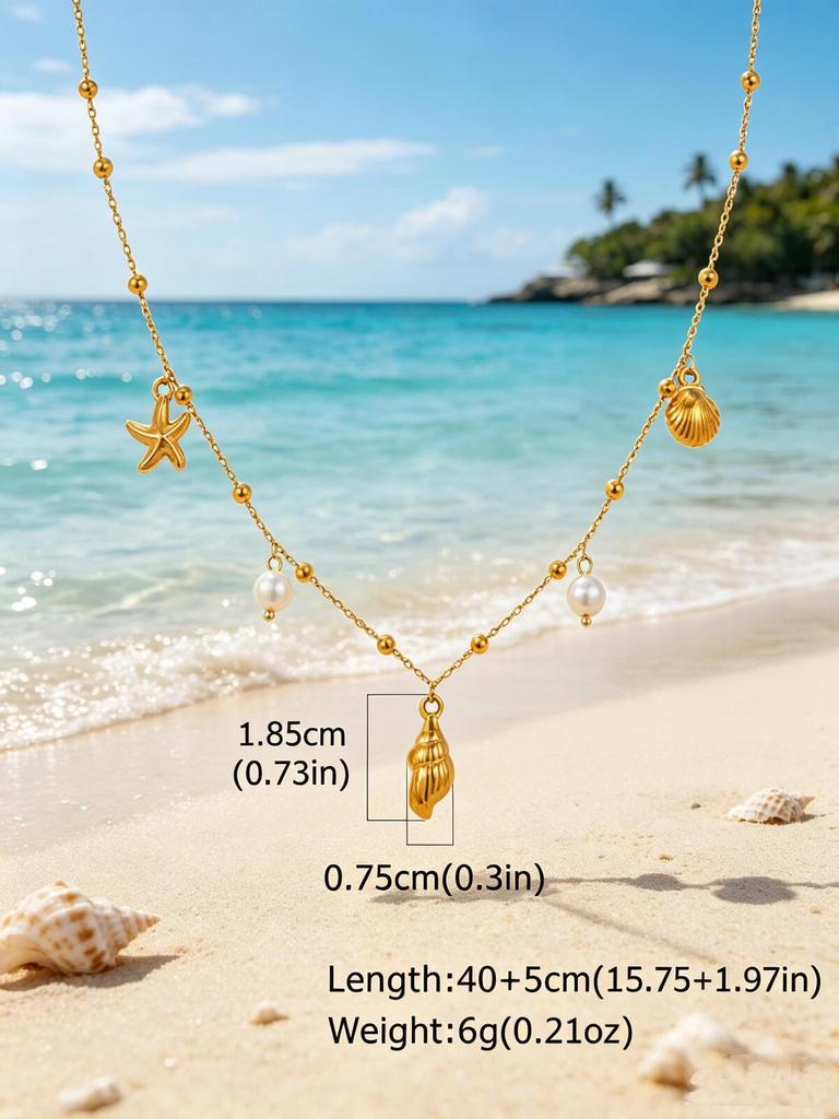 18K Gold Plated Pearl, Shell, Conch, Starfish Summer Beach Necklace for Women, Stainless Steel Waterproof Charm Jewelry