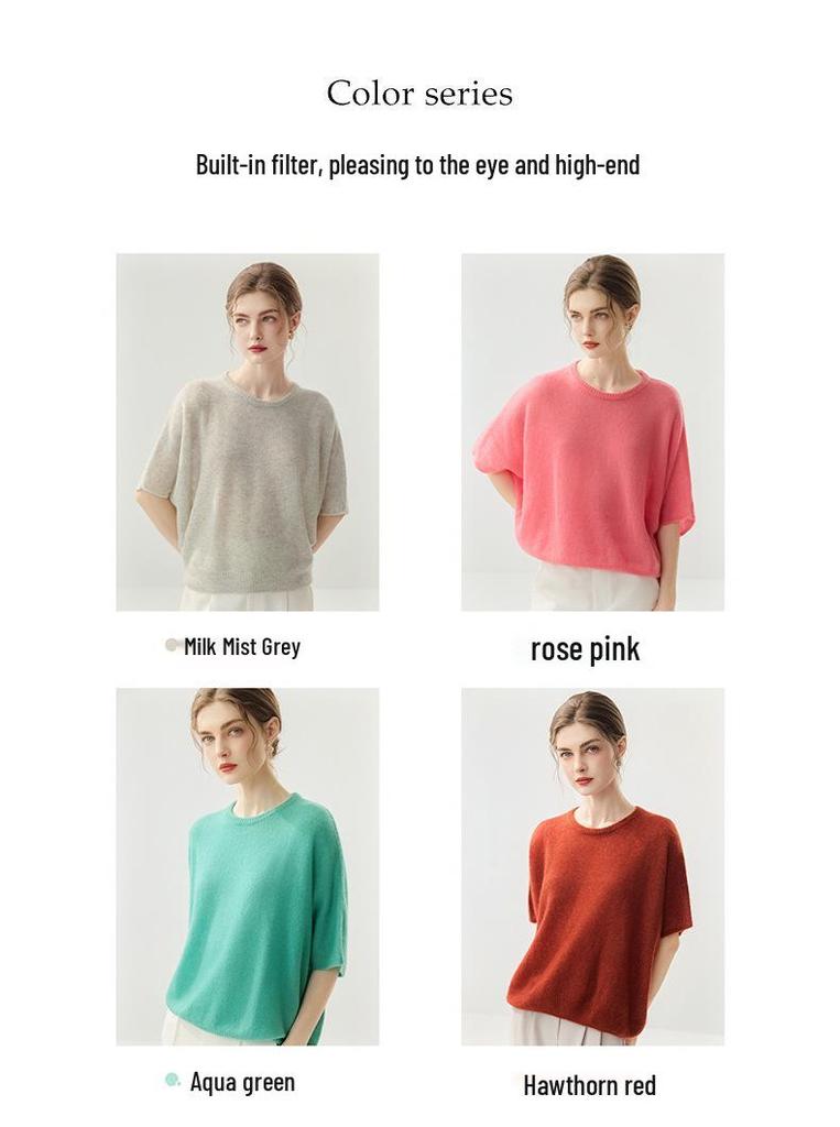 Lekasha Women's Cashmere Goat Wool Relaxed Round Neck Short Sleeve Base Layer Top