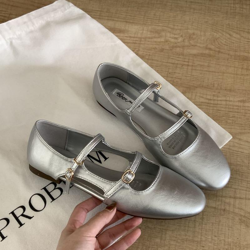 

Fashion 2025 Hot Street Style Silvery Women Mary Jane Shoes Ladies Casual Soft Dress Flats Shoes Elegant Leather Ballet Shoes Zapatos 40