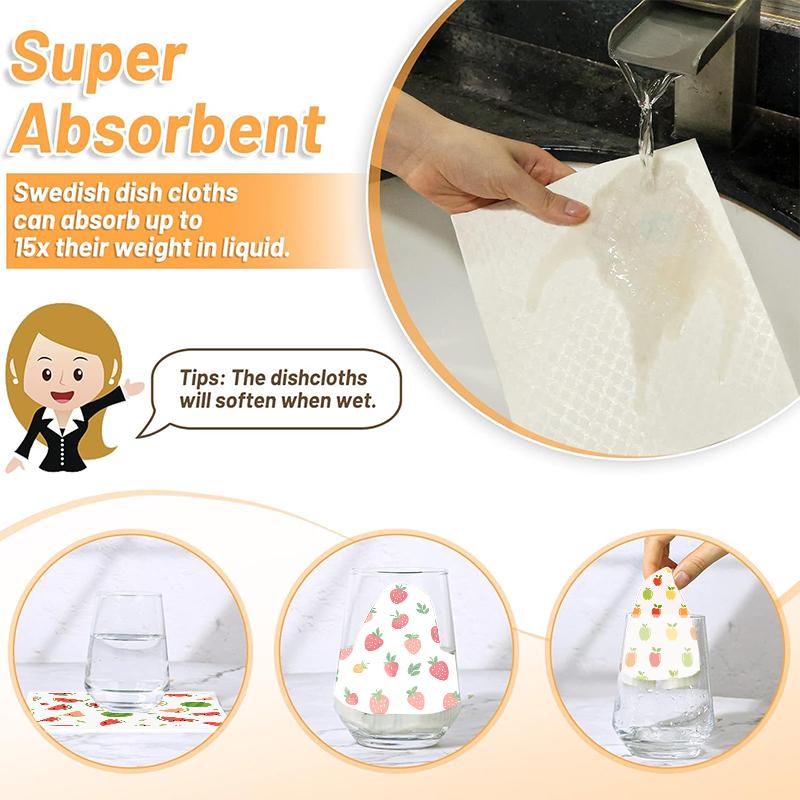 6Pcs Kitchen Swedish Dishcloths Eco-Friendly Reusable Dish Towels Absorbent Biodegradable Cleaning Wipe Soft Washable Dish Rags Fruits Printing