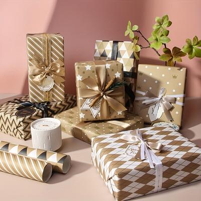 10Pcs Papel de embrulho de presente dourado Feriado Simples Luz Luxo Xadrez Listras Diy Livro Papel de embrulho Papel de presente