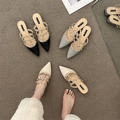 Rivet Low-heeled Bag Head Cool Slippers Women's Outer Wear Spring and Summer 2025 New Niche French Fairy Style Thick-heeled Sandals
