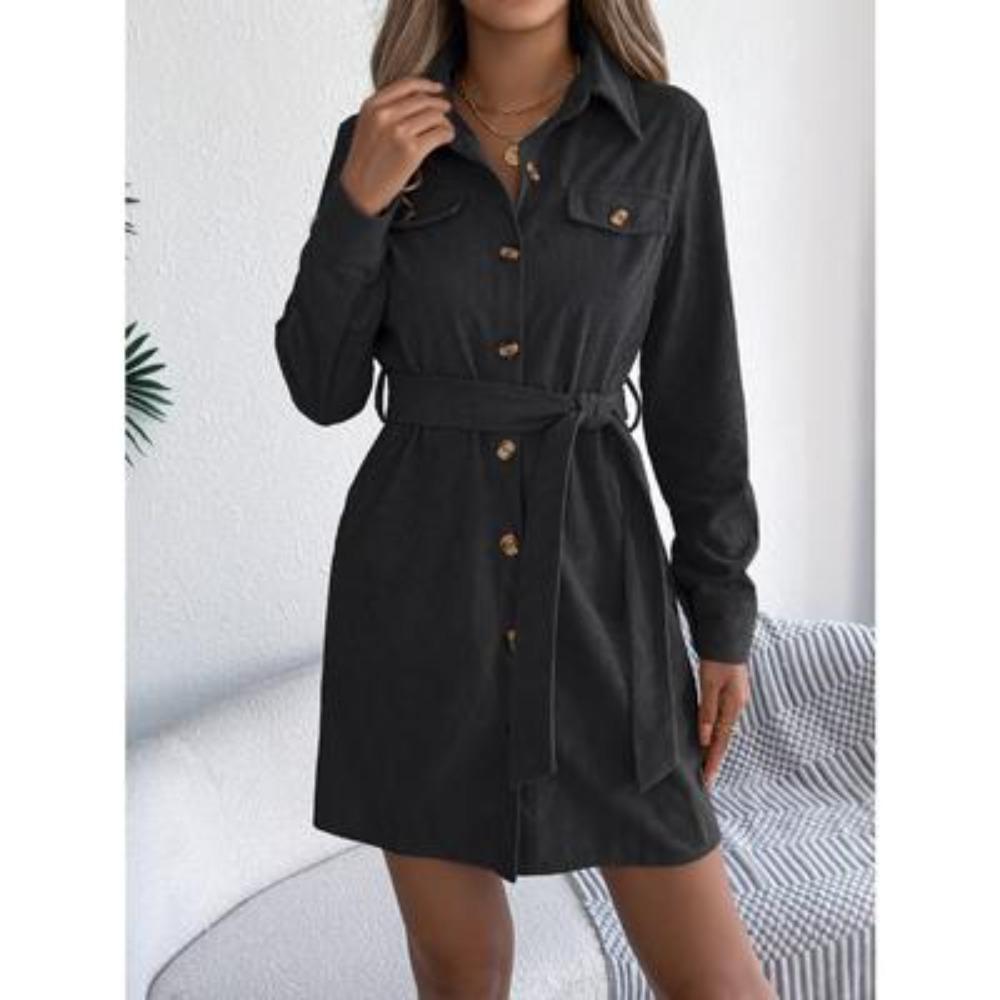 Women's Casual Solid-color Single-breasted Long-sleeved Lace-up Corduroy Shirt Dress for Autumn and Winter Dress