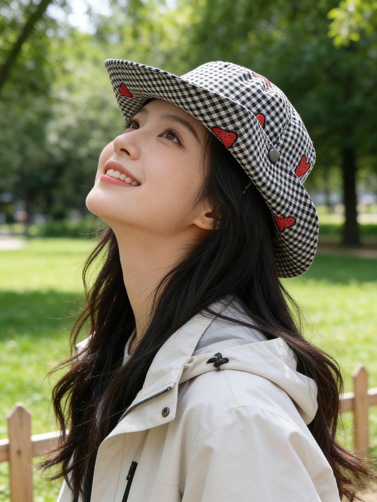 Summer Parent-Child Plaid Heart Wide Brim Sun Hat - Stylish Travel Vacation Fisherman Hat for Kids with Sun Protection