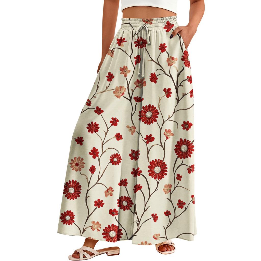 Women's Palazzo Pants Boho Floral Wide Leg Trousers Summer Beach High Waisted Flowy Pants With Pockets
