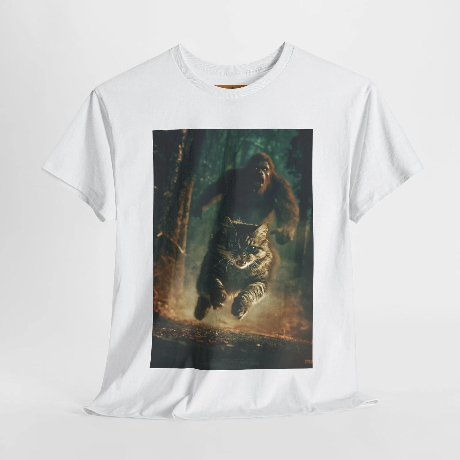 

Funny Sasquatch & Cat T-Shirt – Cryptid Chase Bigfoot Humor Tee, Unisex tee 2XL