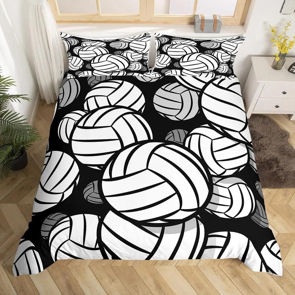 Set husă de pilotă volei, Set de lenjerie de pat cu tematică sporturi cu minge pentru băieți, adolescenți, decor dormitor, husă de pilotă neagră cu 2 fețe de pernă