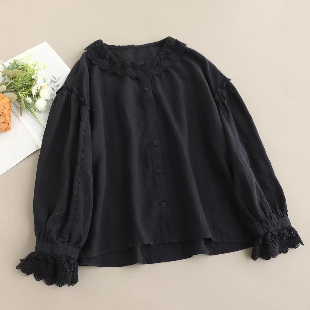French Lace Patchwork Long Sleeve Doll Collar Linen Shirt