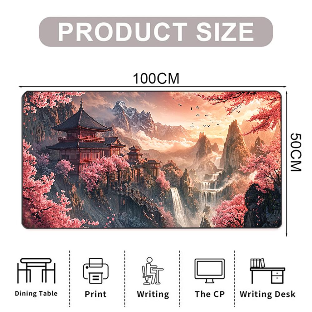Sakura Mountain Pagoda Printed Desk Pad Extra Large Soft Rubber Mouse Pad Serene Aesthetic Gaming Keyboard Mat Multi-Size