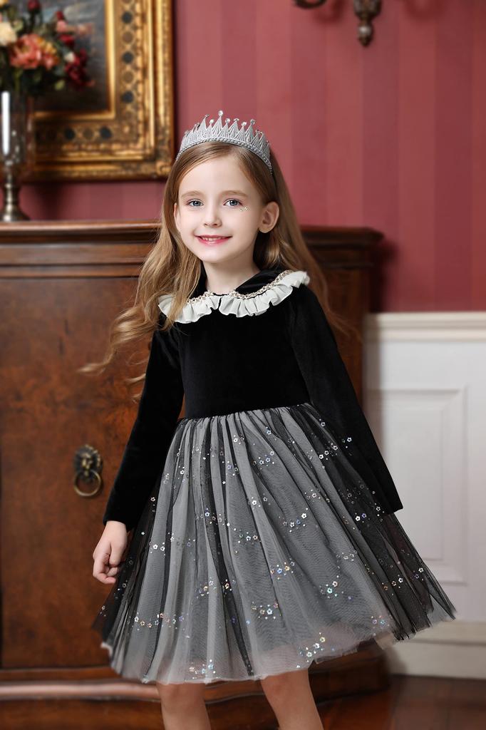 Weileenice Piano Recital Size Long Sleeve Black Princess Mourning Perfect for Memorial and More Dress, 140, Gray, Fall/Winter, Girls' Outfit, Dress,