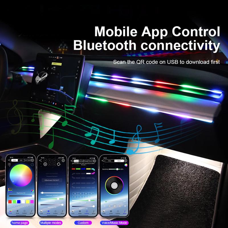 Car Ambient Lights Universal LED Symphony RGB Atmosphere Lamp 64 Colors Acrylic Strip APP Control Remote for Tesla Model 3 Y S X