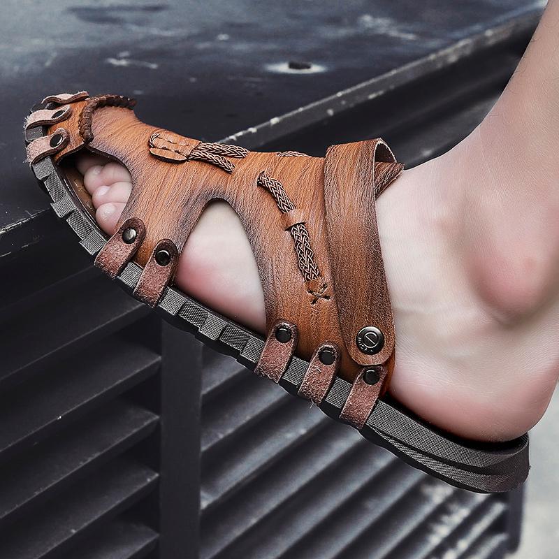 Big Size 46 Luxury Men Leather Slippers Sandals Comfortable Breathable Casual Shoes Men Fashion Sneakers Leisure Men Slippers Slides Footwear Male
