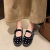 Fashion Cool Gold Rivets Design Ballet Flats Women Faux Suede Belt Metal Buckle Low Heel Women Shoes Non-slip Soft Sole Mary Jane Shoes