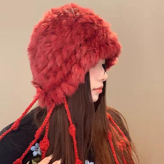 Women Hat Solid Color Rabbit Fur Blend Tassel Knit Hat Comfortable Stretch Fit Autumn Winter Skiing Warm Hat