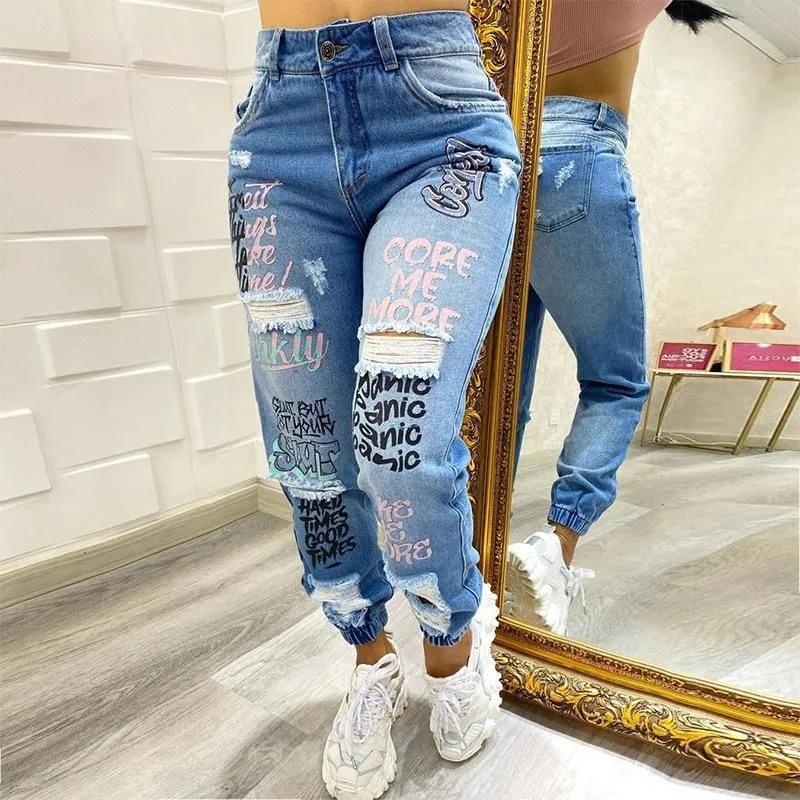 

High Waist Elastic Jeans For Women L синий