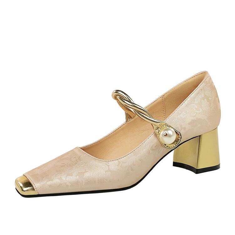 Fashion Retro Style Metal Mid Heel Splicingd Color Matching Single Shoe Temperament Mary Jane Pearl Chain Banquet Commuter Women Shoes