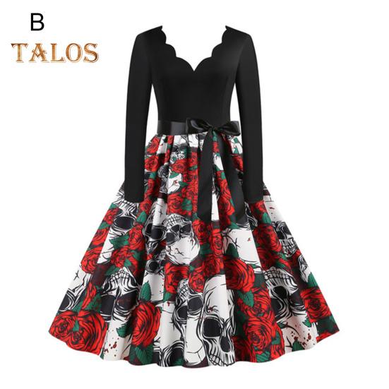 Damen Halloween Kleid A-Linie Big Swing Totenkopf Print Schnürung Schleife Gürtel Gewellter V-Ausschnitt Patchwork Plissee Lange Ärmel Party Karnevalskleid