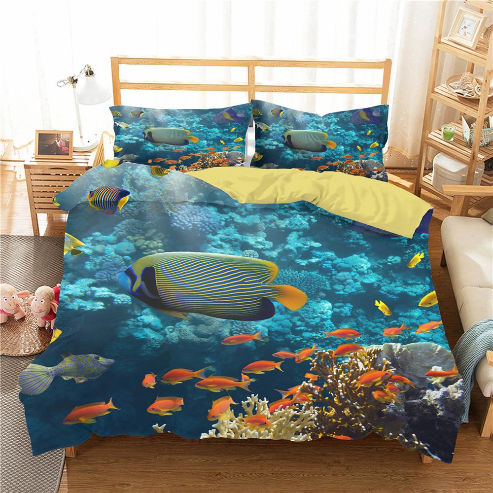 Ocean Fish Bedding Set - Polyester, Marine Theme with Underwater Sea Life, Twin to King Sizes