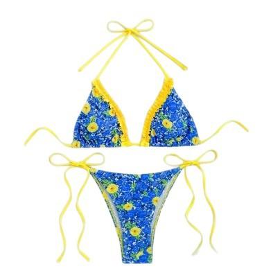 1011 European and American Split Swimsuit Female Sexy Printed Lace-up Three-point Bikini Female Halter Design