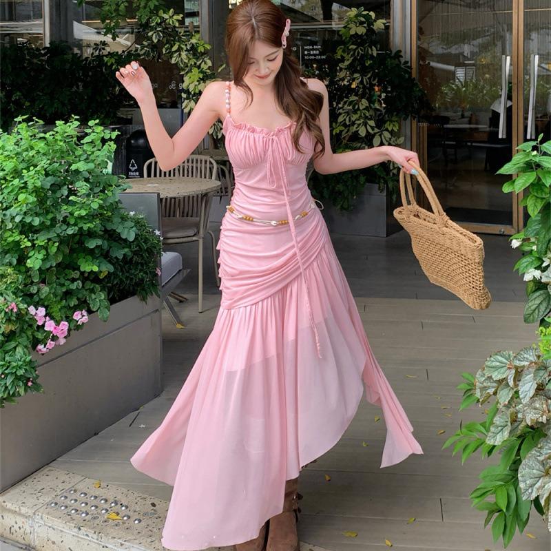 French Sexy Suspender Dress Summer Waist Skinny Seaside Holiday Beach Irregular Long Dress