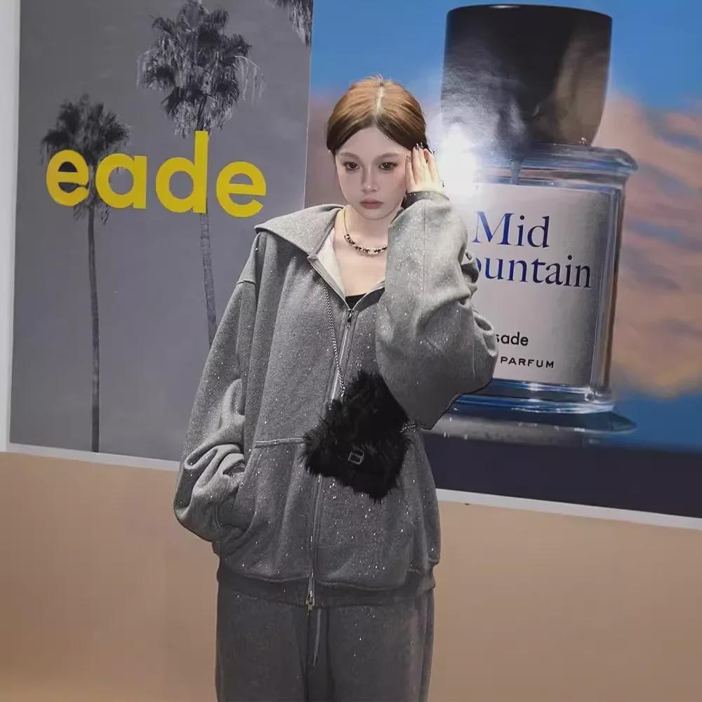 Women's Korean-Style Autumn Sporty Tracksuit: Casual Loose Cardigan Sweatshirt & Petite Sweatpants Two-Piece Set