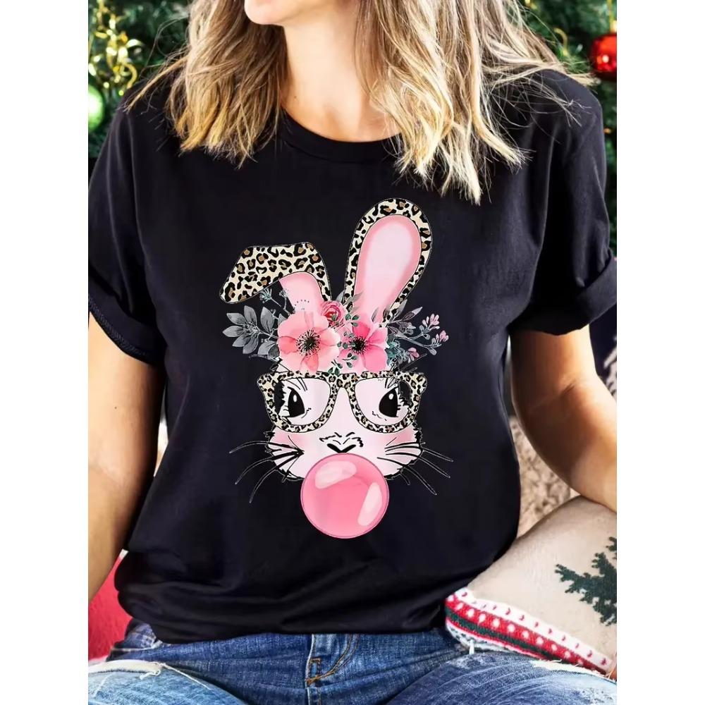 Rabbit Print Crew Neck T-Shirt Casual Short Sleeve Top For Spring Summer Women's Clothing Street Sports O Collar Ladies Shirt