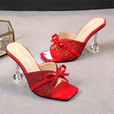 Femmes 9cm talons hauts nœud pantoufles mules dame fétiche talons transparents fête diapositives été paillettes Bling rouge papillon noeud chaussures
