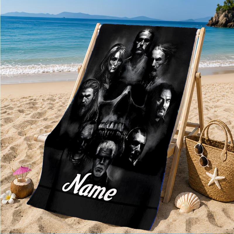 Custom Name Group Portrait Sons Heart In Space Adventure Microfiber Beach Towel, Lightweight for Summer Travel, Swimming Pool Fan Gift