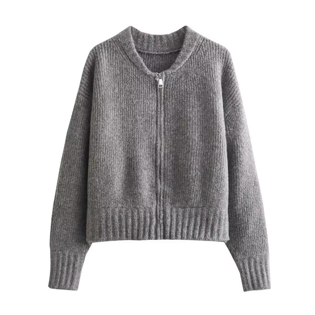 Spring Autumn Women Vintage Zipper Knitted Cardigan Solid Color Coat Long Sleeve Round Neck Sweater Jacket Female Casual Sweater Coats