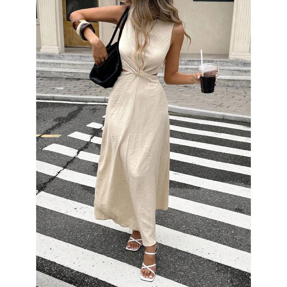 Women s Sleeveless Round Neck Twist Cutout Waist Solid Slim Fit Split Maxi Dress S