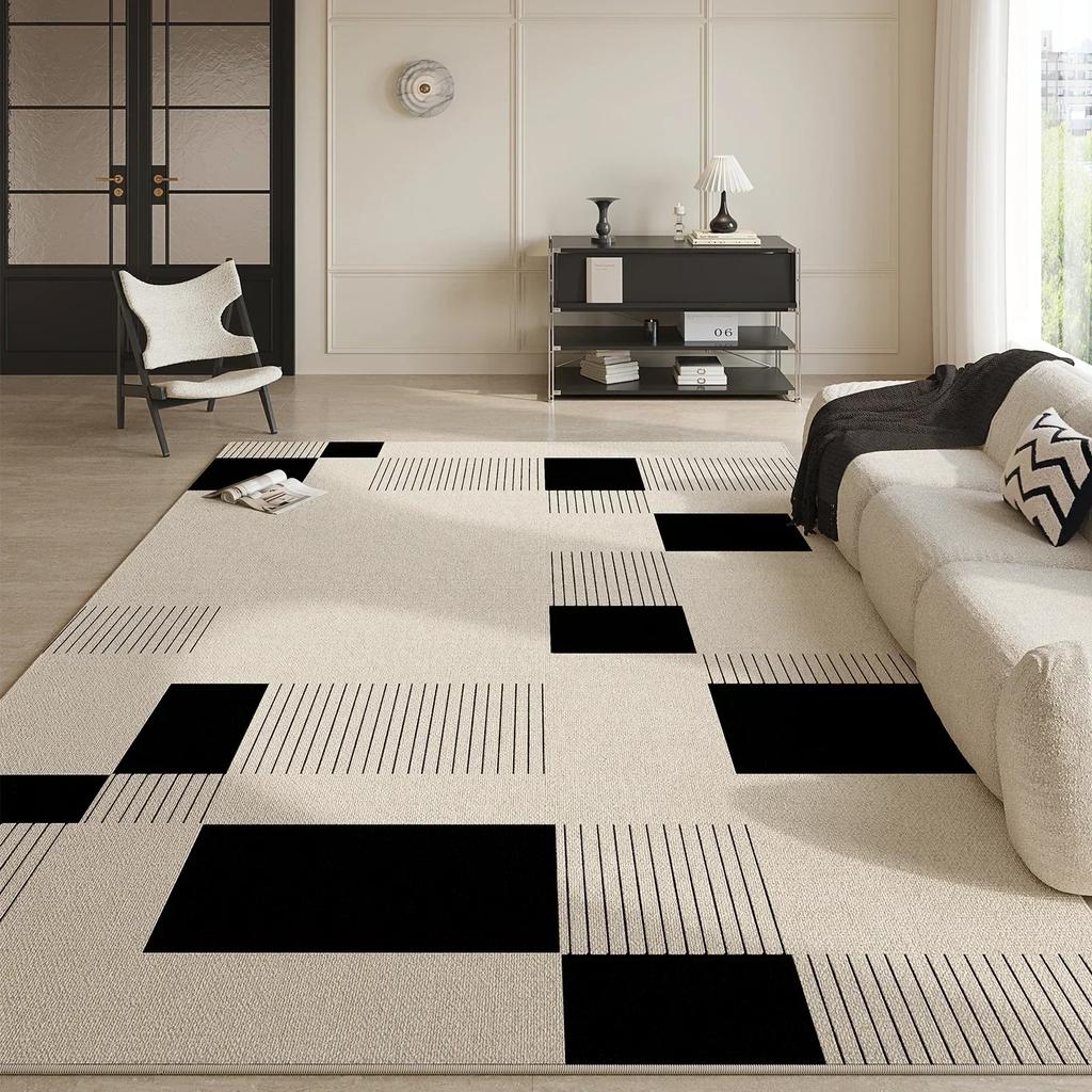Black White Abstract Living Room CarpetSymmetrical Geometric Rug Comfortable Non-Slip Bedroom Carpets Easy Care for Rugs