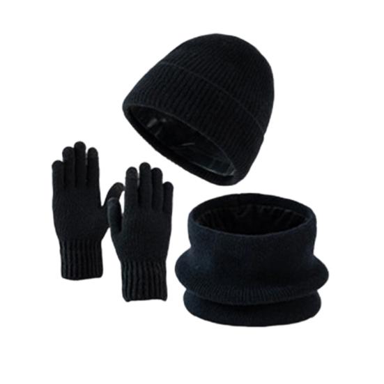3Pcs/Set Winter Hat Scarf Gloves Set Solid Color Windproof Brimless Hat Neck Warmer Touch Screen Gloves Set