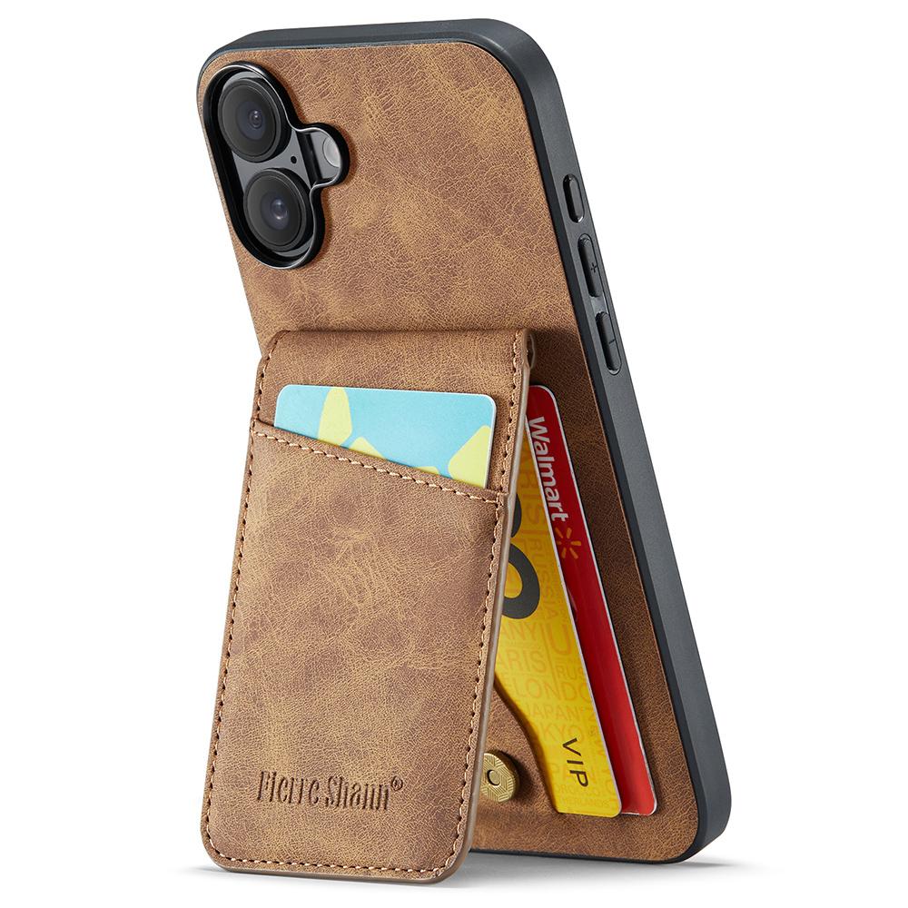 FIERRE SHANN For iPhone 16 Plus Case Card Holder Kickstand Leather RFID Blocking Back Cover