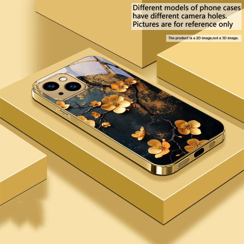 

Ветка золотого цветка Для iPhone 17Pro Max 16 17 Pro 15 Pro 14 13 Plus 12 Mini 11Pro Max XR 16E 17Air Золотой стеклянный чехол для телефона iPhone 13 mini