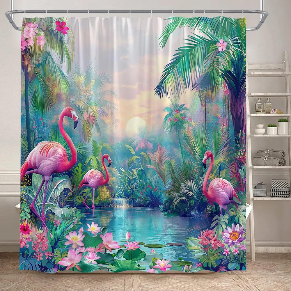 Tropical Pink Flamingo Shower Curtains Watercolor Flamingos Green Leafves Plant Polyester Fabric Bath Curtain Bathroom Decor Set