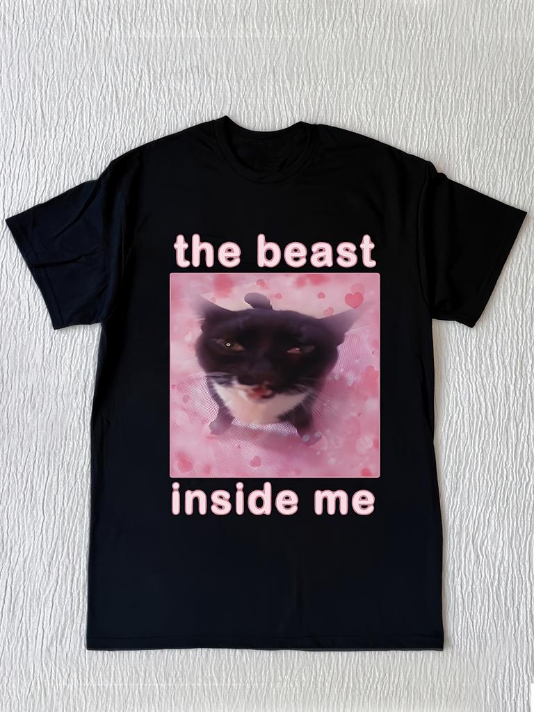 Womens Casual Cat Graphic TShirt THE BEAST INSIDE ME Slogan Print Black with Pink Lettering Cute Kitten Design