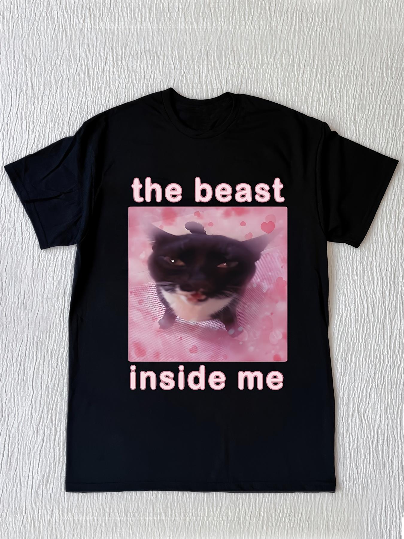 

Womens Casual Cat Graphic TShirt THE BEAST INSIDE ME Slogan Print Black with Pink Lettering Cute Kitten Design S