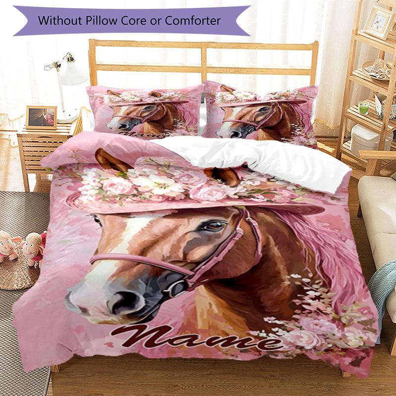 3pcs Custom Name Horse Bedding Set Duvet Cover Closure Includes 1 Duvet Cover & 2 Pillowcases, Soft and Comfortable for All Seasons.