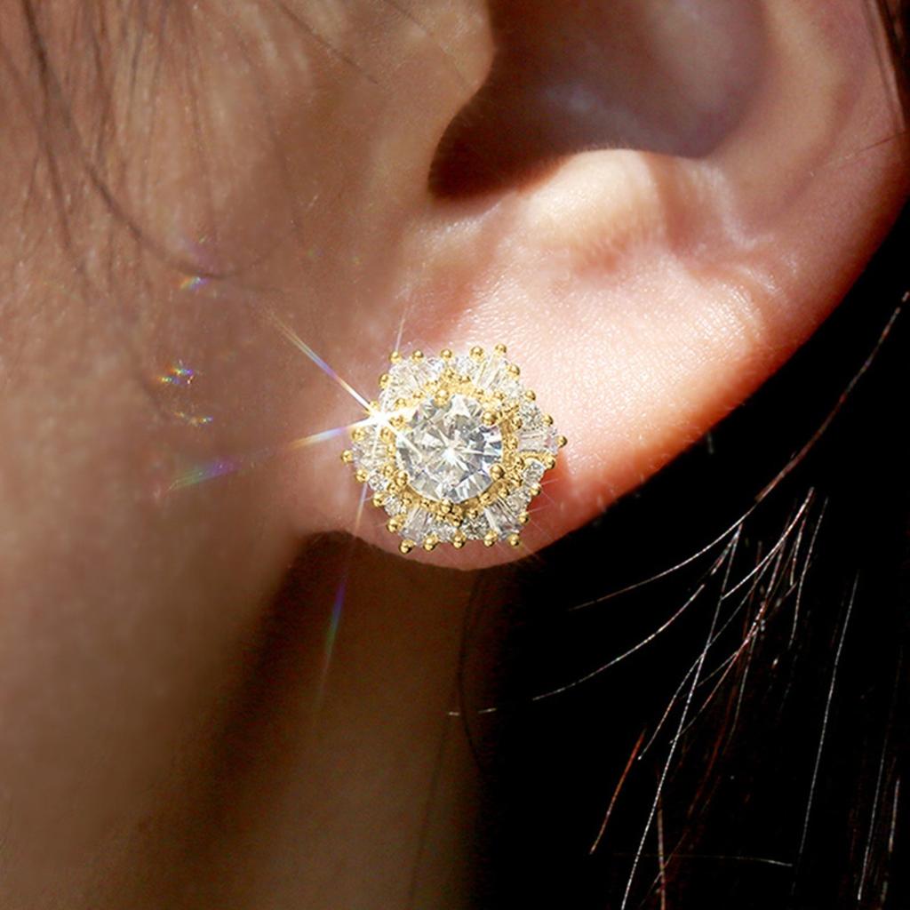 Round Center Stone Mixed Cut Double Halo Flower Stud Earrings Elegant Women Daily Party Jewelry