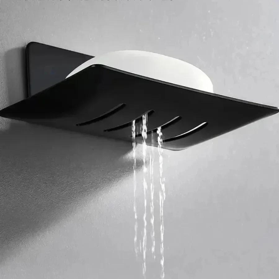 1pc no-drill black metal soap dish, includes adhesive, wall-mounted bathroom soap holder with drainage holes, soap rack