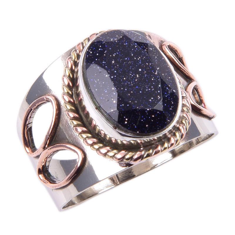 Natürlicher Blauer Sonnenstein Edelstein 925 Sterlingsilber Zweifarbiger Ring Größe 10 E5R37