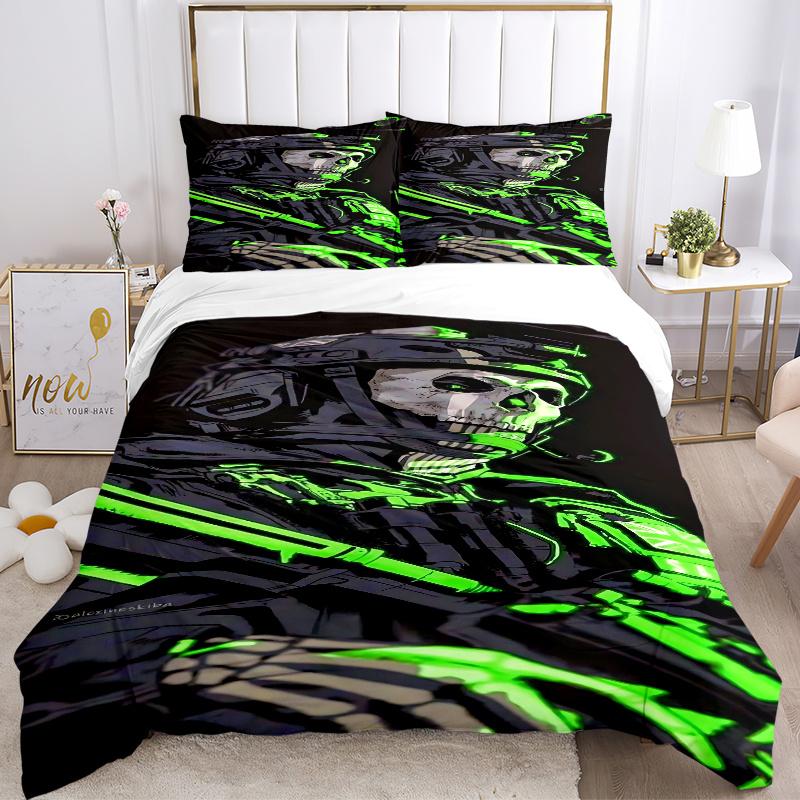 3pcs Neon Green Skull Military Uniform Home Bedding Set-Universal Three-Piece Suit for Bedroom, Guest Room, Living Room, Hotel-Perfect Gift