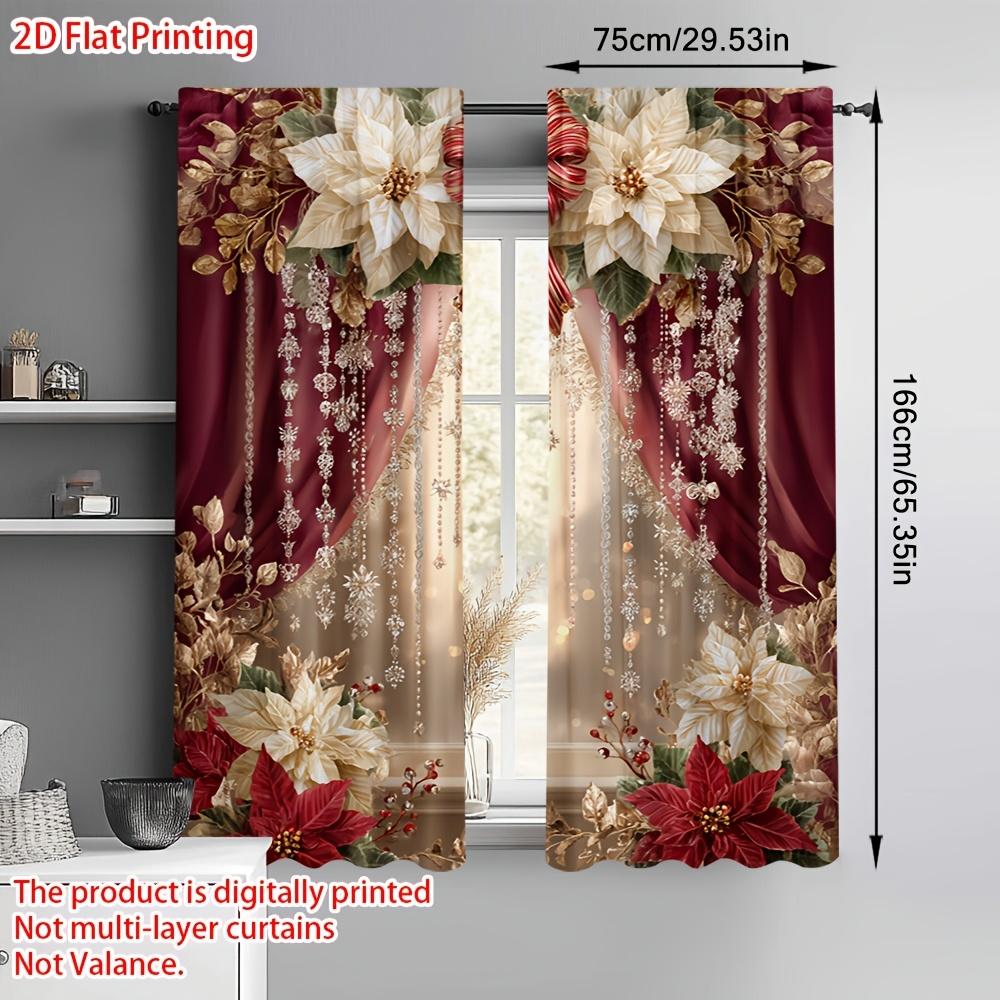 2pcs Elegant Christmas Print Curtains – Poinsettia & Gold Floral Design for Bedroom   Living Room   Kitchen & Office