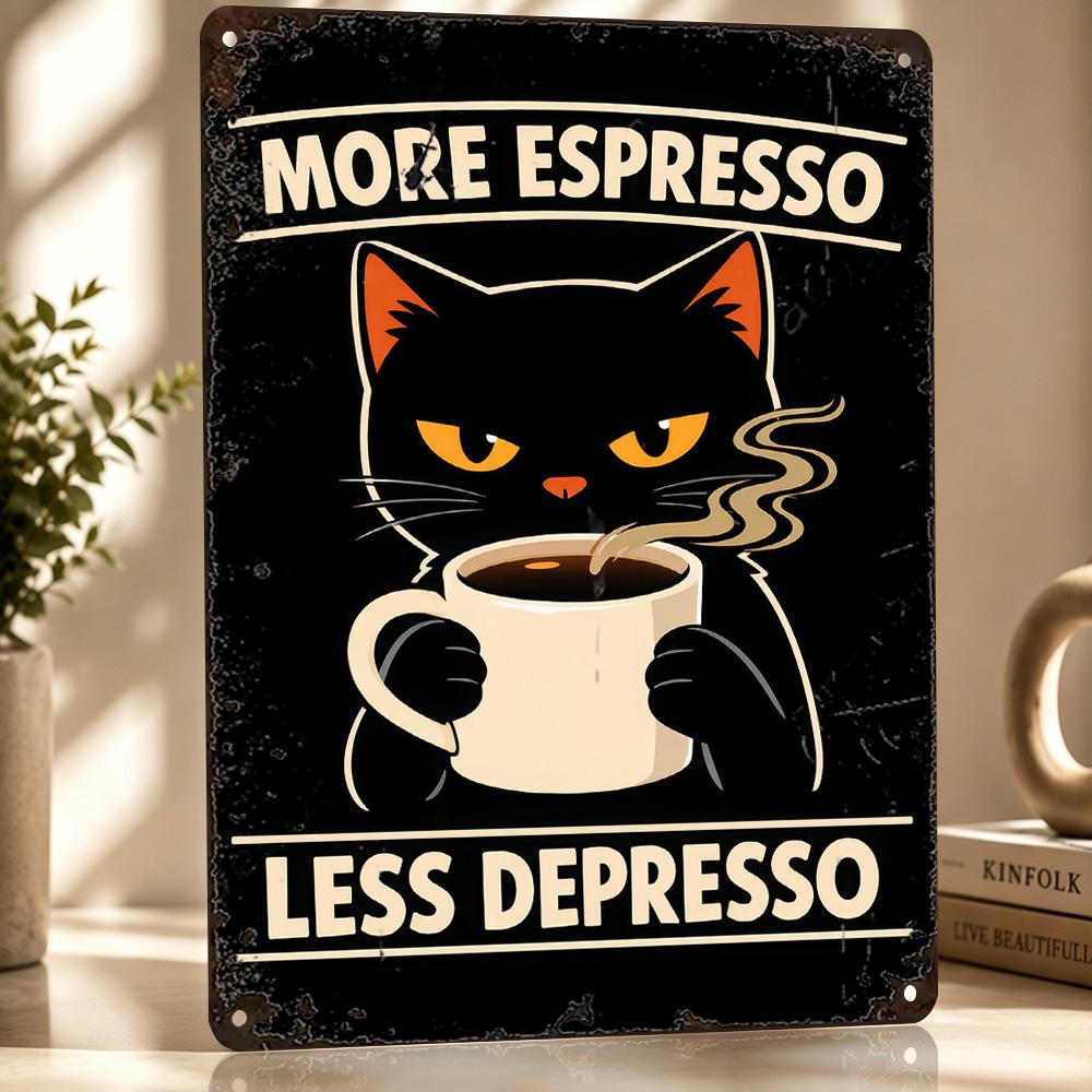 Black Cat With Espresso Personalized D Textured Metal Poster Wall Art Vintage Tin Signs for Living Room Decoration Items Decor
