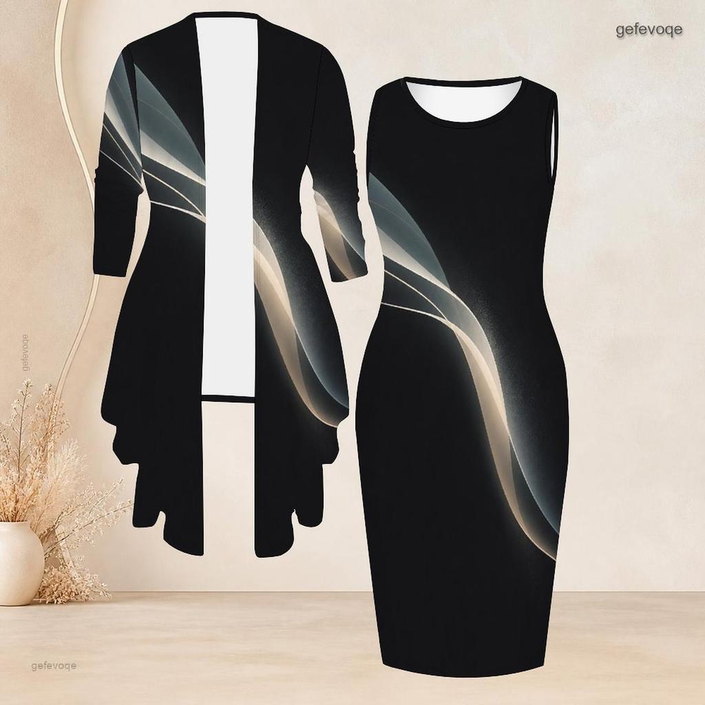 Women Plus Size Two Piece Set Long Sleeve Draped Cardigan Sleeveless Round Neck Printed Bodycon Dress Black Red White